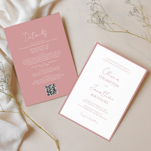 Simple Dusty Pink Border Script QR Code Wedding Invitation