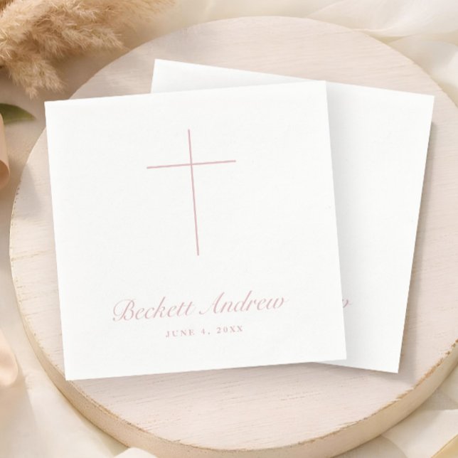 Simple Dusty Pink Cross Script Baptism Napkin (Simple Dusty Pink Cross Script Baptism, Christening or First Holy Communion Napkins.)