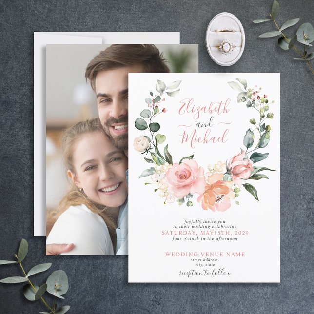 Simple Dusty Pink Floral Wreath Photo Wedding Invitation (Creator Uploaded)