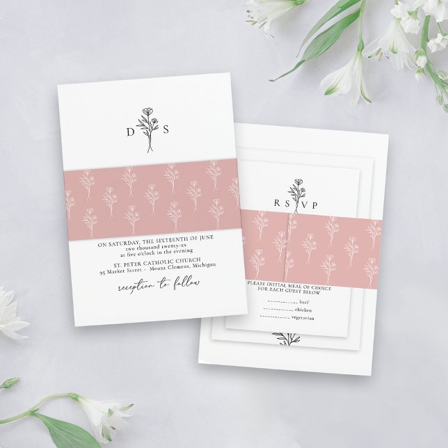 Simple Dusty Pink Minimal Floral Pattern Wedding Invitation Belly Band (Creator Uploaded)