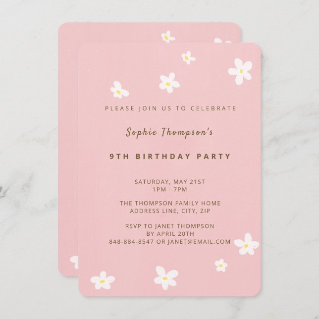 Simple Dusty Rose Cute Daisies Girl Birthday Party Invitation (Front/Back)