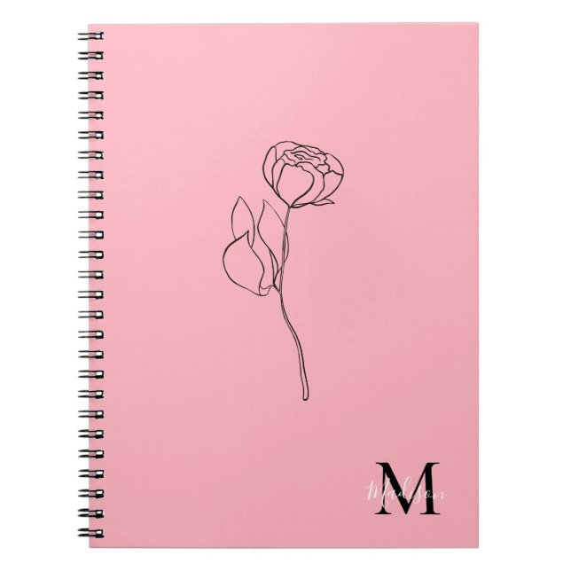 Simple Dusty Rose Floral and Elegant Monogram name Notebook (Front)