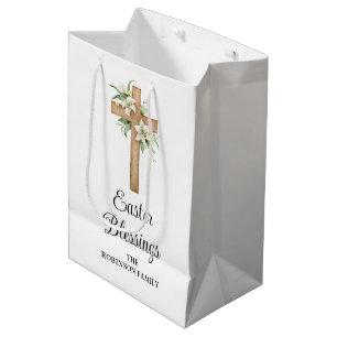 Simple Easter Blessings Religious Floral Cross  Medium Gift Bag