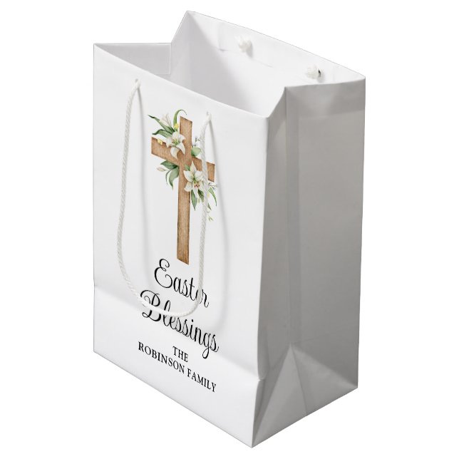 Simple Easter Blessings Religious Floral Cross  Medium Gift Bag (Front Angled)