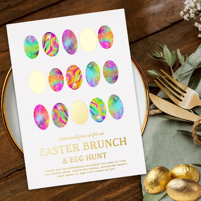 Simple Easter Egg Hunt Brunch Watercolor Gold (Minimalist easter brunch egg hunt colorful watercolor gold foil spring garden party invitation )