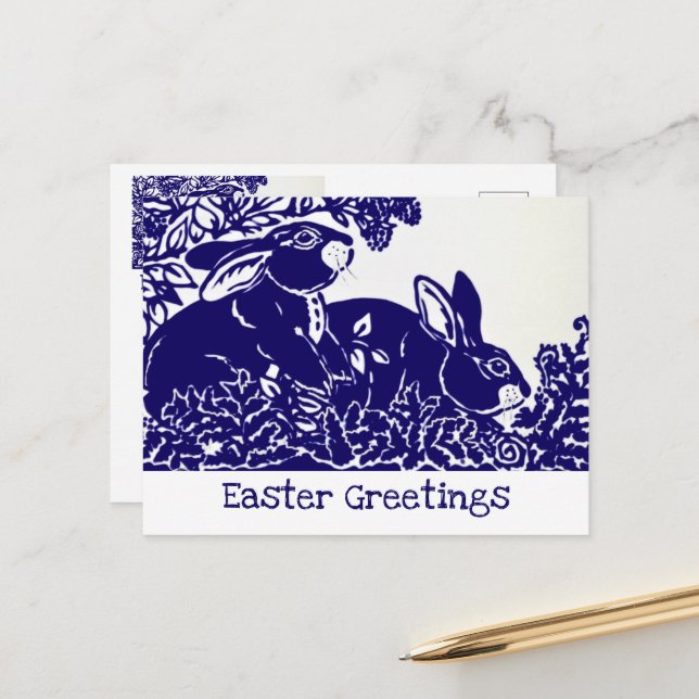 Simple Easter Rabbit Blue White Woodland Minimal Holiday Postcard (Front/Back In Situ)