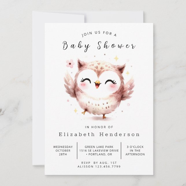 Simple Editable Owl Baby Shower Invitation (Front)