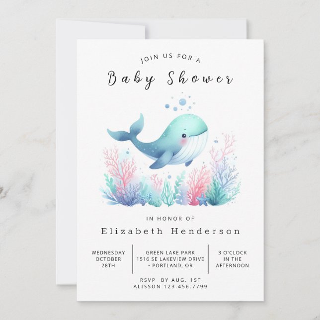 Simple Editable Whale Baby Shower Invitation (Front)
