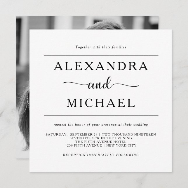 Simple Elegance | Black and White Photo Wedding Invitation (Front/Back)