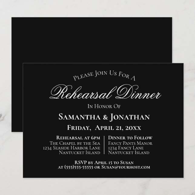 Simple Elegance Black Wedding Rehearsal Dinner Invitation (Front/Back)