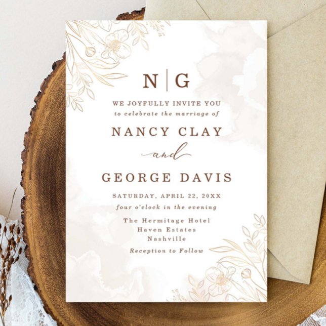 Simple Elegance Boho Leaves Monogram Wedding Invitation (Creator Uploaded)