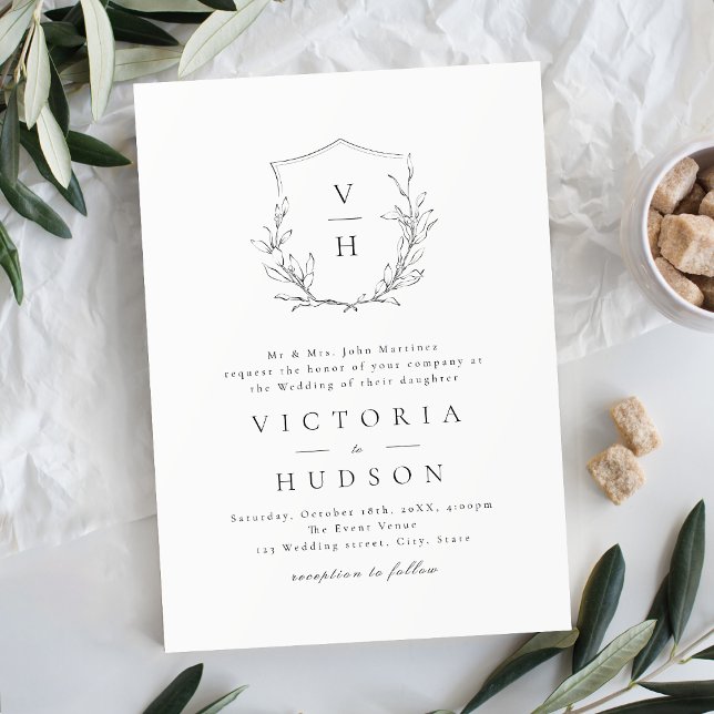 Simple elegance botanical crest monogram wedding invitation (Creator Uploaded)