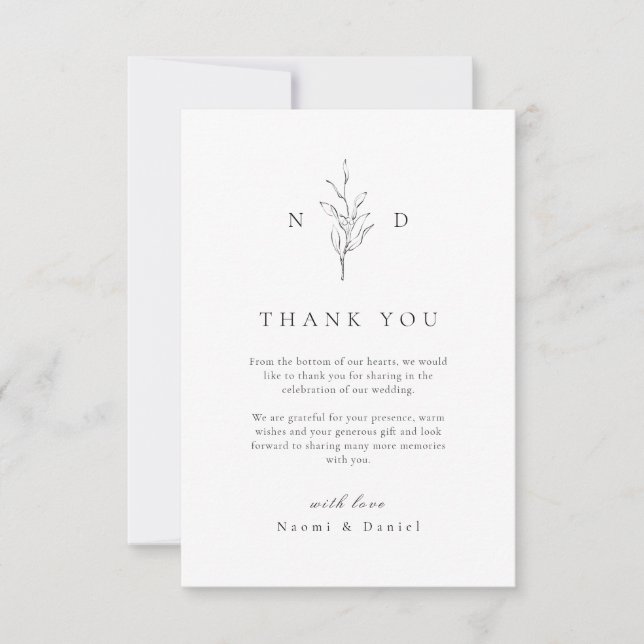 Simple elegance botanical leaves monogram wedding  thank you card (Front)
