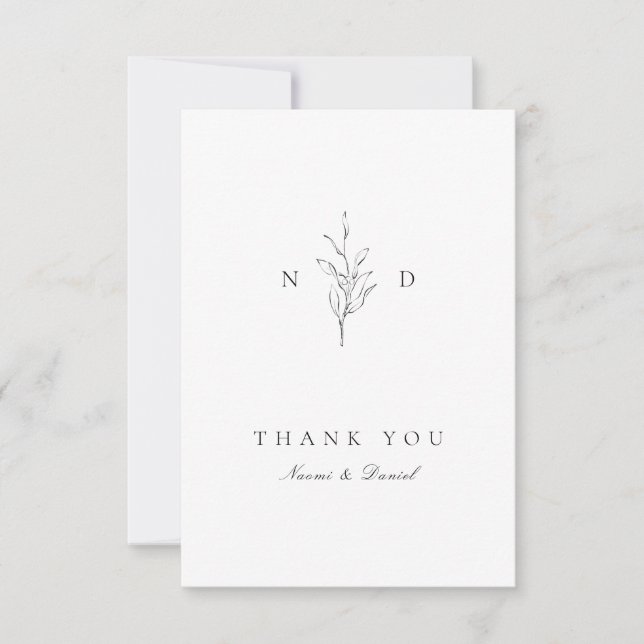 Simple elegance botanical leaves monogram wedding thank you card (Front)