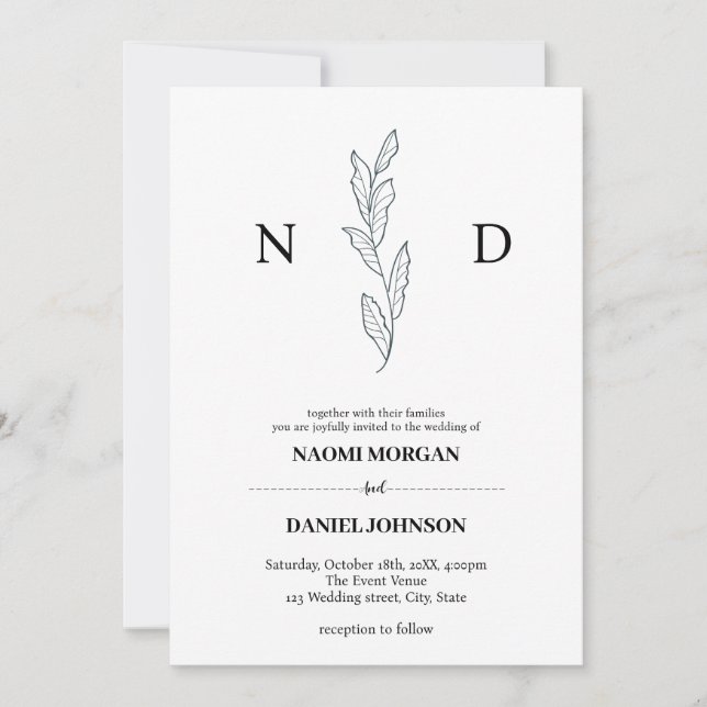 Simple elegance botanical monogram modern invitation (Front)