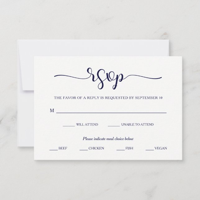Simple Elegance | Minimal Navy Blue and White RSVP Card (Front)