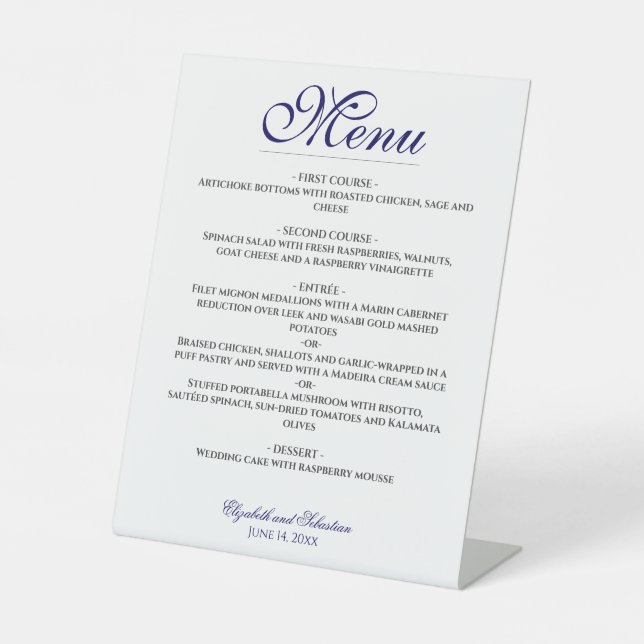 Simple Elegance Navy Blue & White Wedding  Menu Pedestal Sign (Front)