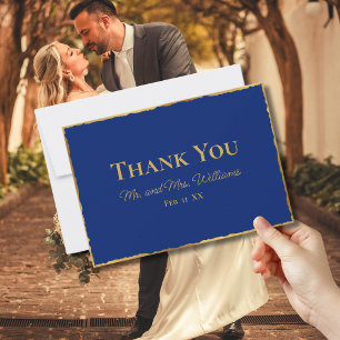 Simple Elegance Royal Blue Luxe Gold Edge Wedding Thank You Card