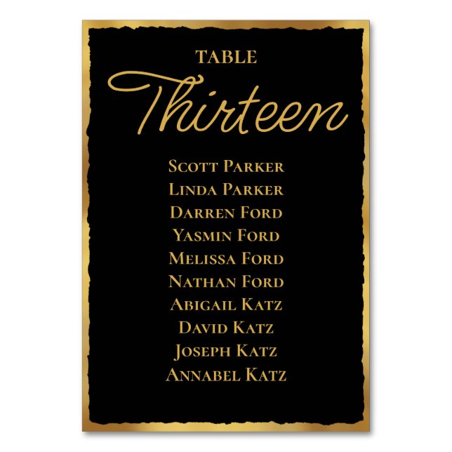 Simple Elegance Thin Black Gold Edge Seating Chart Table Number (Front)