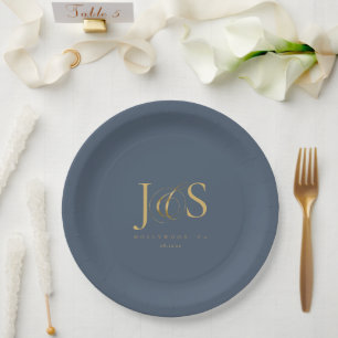 Simple Elegance Wedding Initials Blue ID1022 Paper Plate