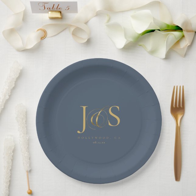 Simple Elegance Wedding Initials Blue ID1022 Paper Plate (Wedding)