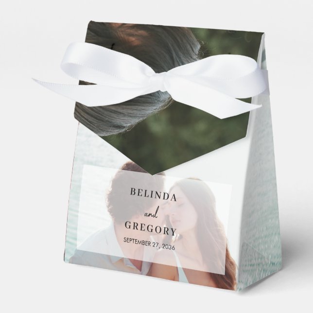 Simple Elegant 2 Photo Overlay Script Wedding Favour Box (Front Side)