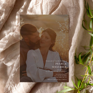 Simple elegant 2 photos chic white black wedding invitation