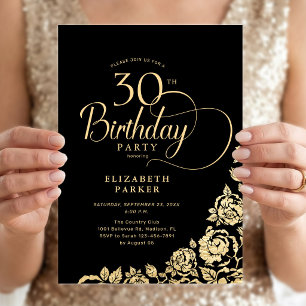 Simple Elegant 30th Birthday Black Gold Roses Invitation
