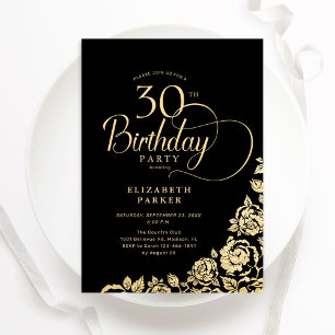 Simple Elegant 30th Birthday Black Gold Roses Invitation