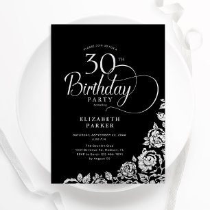 Simple Elegant 30th Birthday Black Silver Roses Invitation
