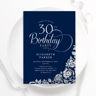 Simple Elegant 30th Birthday Navy Silver Roses Invitation