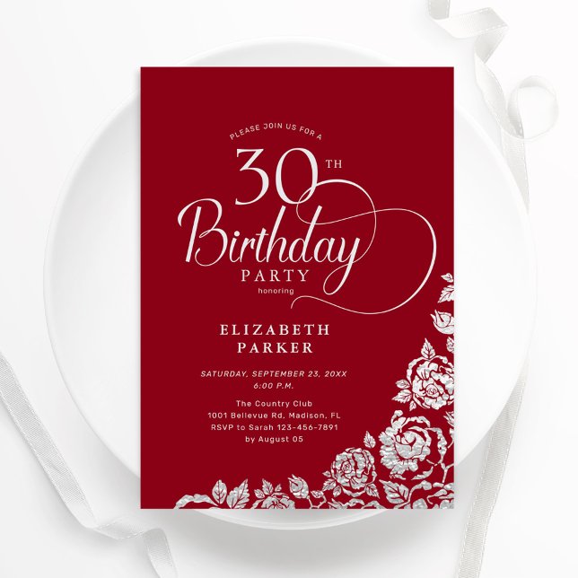 Simple Elegant 30th Birthday Red Silver Roses Invitation (Creator Uploaded)