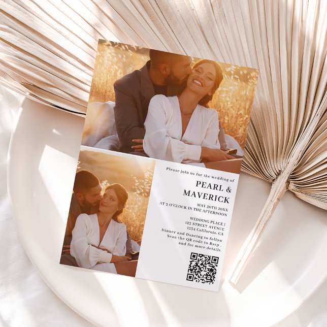 Simple elegant 3 photo qr code black white wedding invitation (Creator Uploaded)