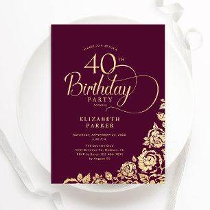 Simple Elegant 40th Birthday Burgundy Gold Invitation