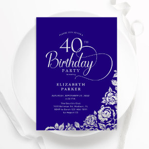 Simple Elegant 40th Birthday Purple Silver Roses Invitation