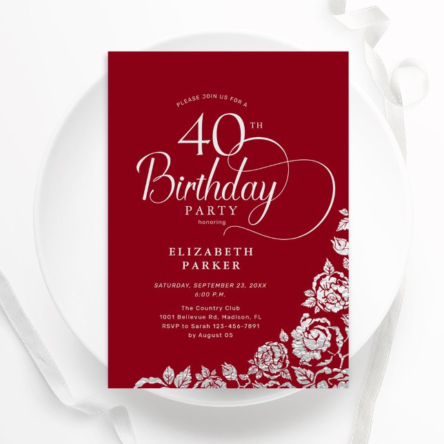 Simple Elegant 40th Birthday Red Silver Roses Invitation (Creator Uploaded)