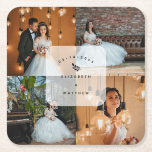 Simple Elegant 4 Photo Collage Wedding Party Square Paper Coaster