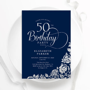 Simple Elegant 50th Birthday Navy Silver Roses Invitation