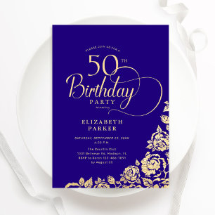 Simple Elegant 50th Birthday Purple Gold Roses Invitation