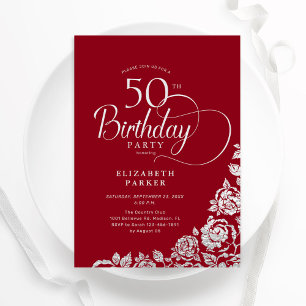 Simple Elegant 50th Birthday Red Silver Roses Invitation