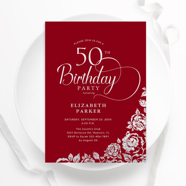 Simple Elegant 50th Birthday Red Silver Roses Invitation (Creator Uploaded)