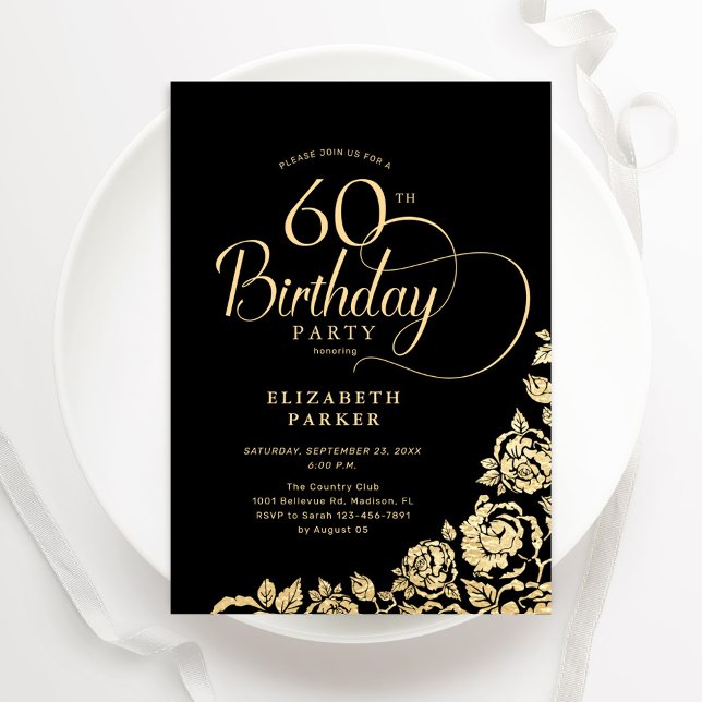 Simple Elegant 60th Birthday Black Gold Roses Invitation (Creator Uploaded)