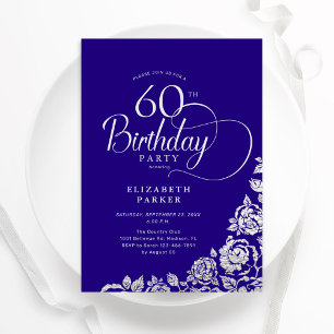 Simple Elegant 60th Birthday Purple Silver Roses Invitation