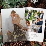 Simple elegant 6 photos newlywed Merry Christmas Holiday Card<br><div class="desc">Elegant faux gold script wedding six couple photo collage overlay name and text personalised first Christmas holiday card.</div>