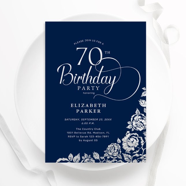 Simple Elegant 70th Birthday Navy Silver Roses Invitation (Creator Uploaded)