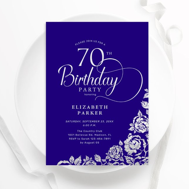 Simple Elegant 70th Birthday Purple Silver Roses Invitation (Creator Uploaded)