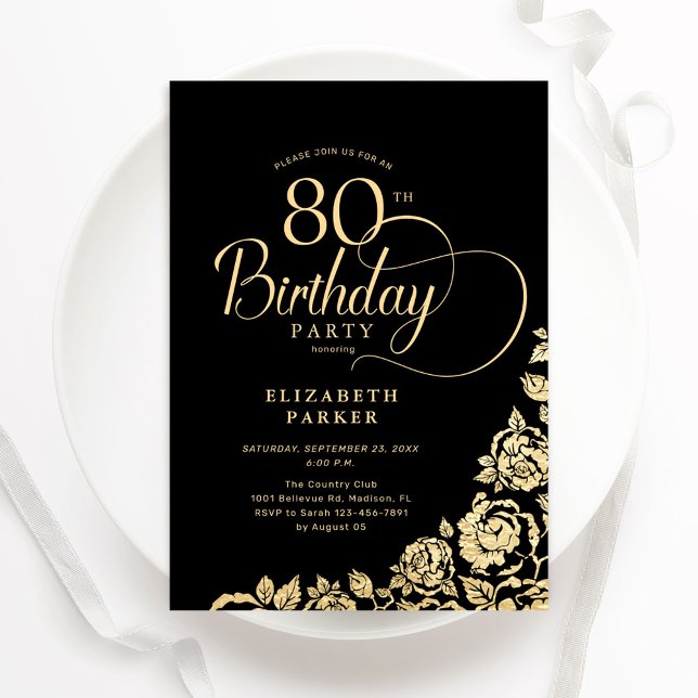 Simple Elegant 80th Birthday Black Gold Roses Invitation (Creator Uploaded)