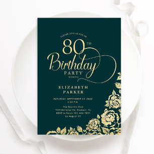 Simple Elegant 80th Birthday Emerald Green Gold Invitation