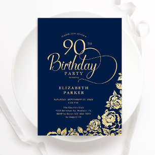 Simple Elegant 90th Birthday Navy Gold Roses Invitation