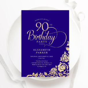 Simple Elegant 90th Birthday Purple Gold Roses Invitation